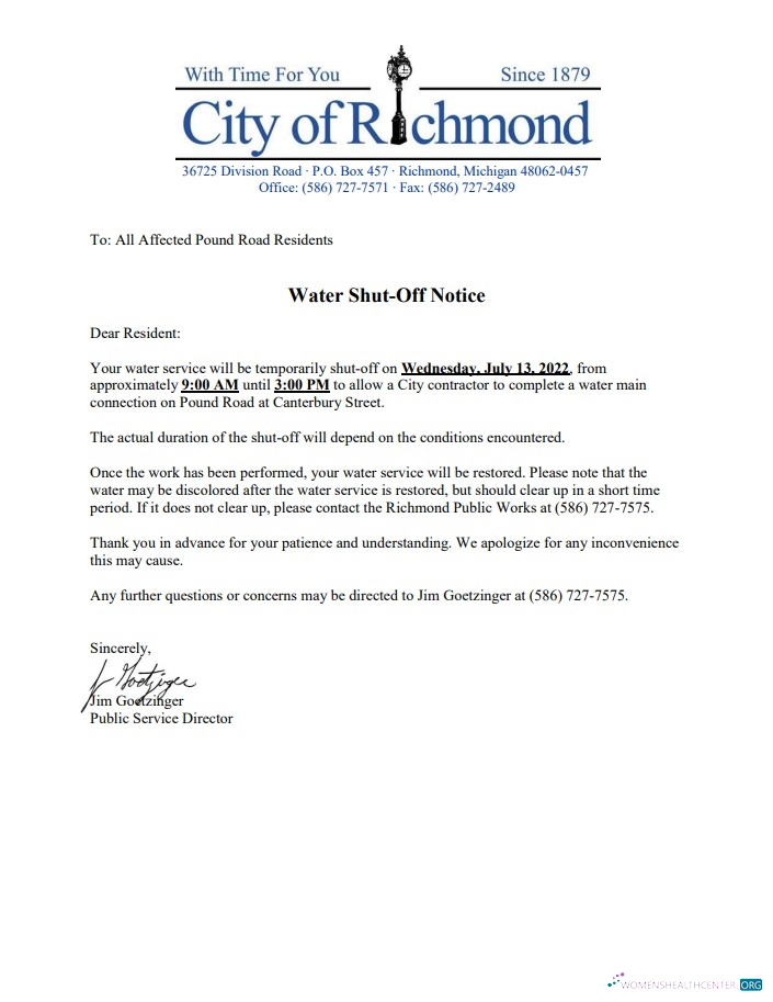 download USA Michigan City of Richmond water utility bill shutoff notice, Word and PDF template PDF template